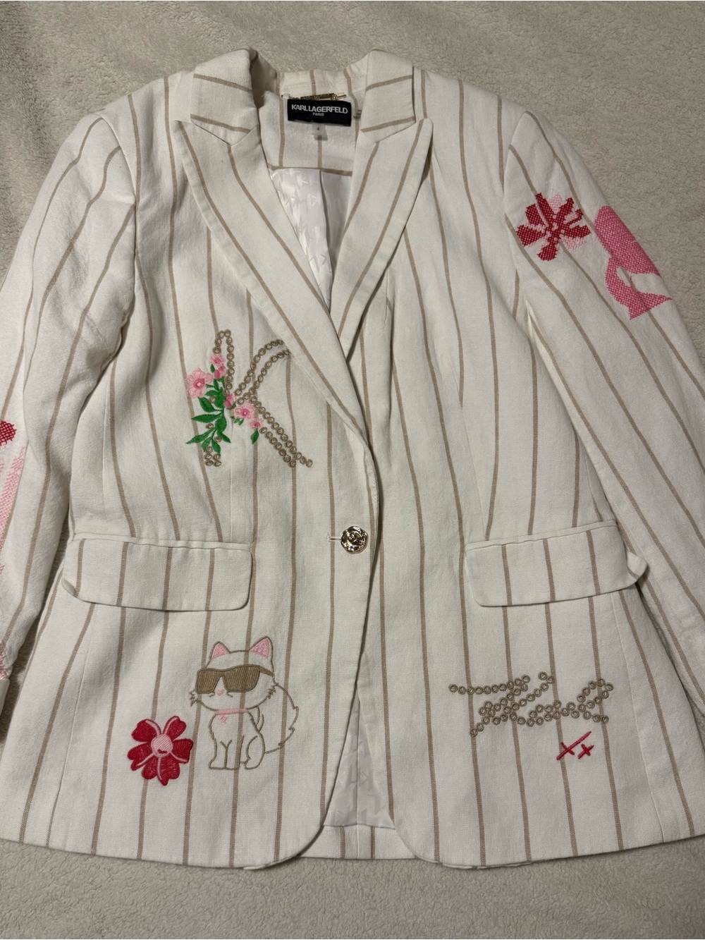 Karl Lagerfeld Cream Pinstripe Embroidered Blazer